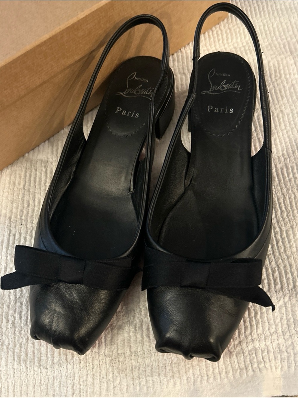 Saks Fifth Avenue Black Leather Slingback Flats with Bow